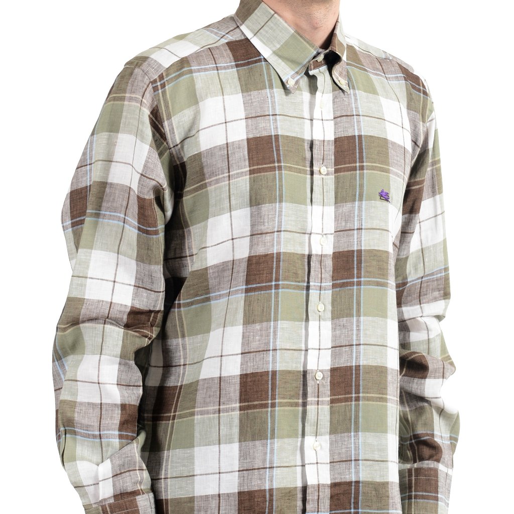 Etro Mens 100% Linen Plaid Long Sleeve Dress Shirt